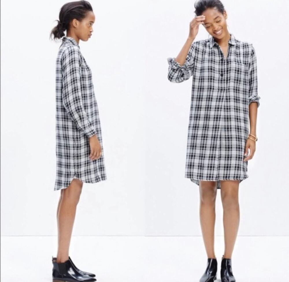 Madewell Women's 100% Cotton Black White Plaid Latitude Shirt Dress Sz S Classic